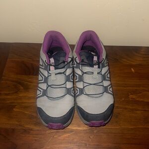 Salomon girl running shoes size 3, grey/purple